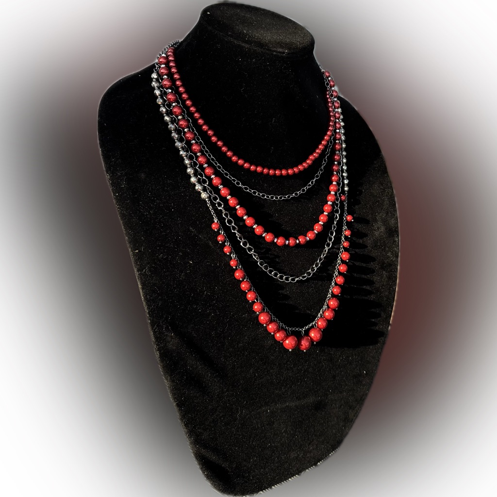 Nadri Elegant Red And Silver Beaded Layered Chain Necklace Black Tone 283 19$